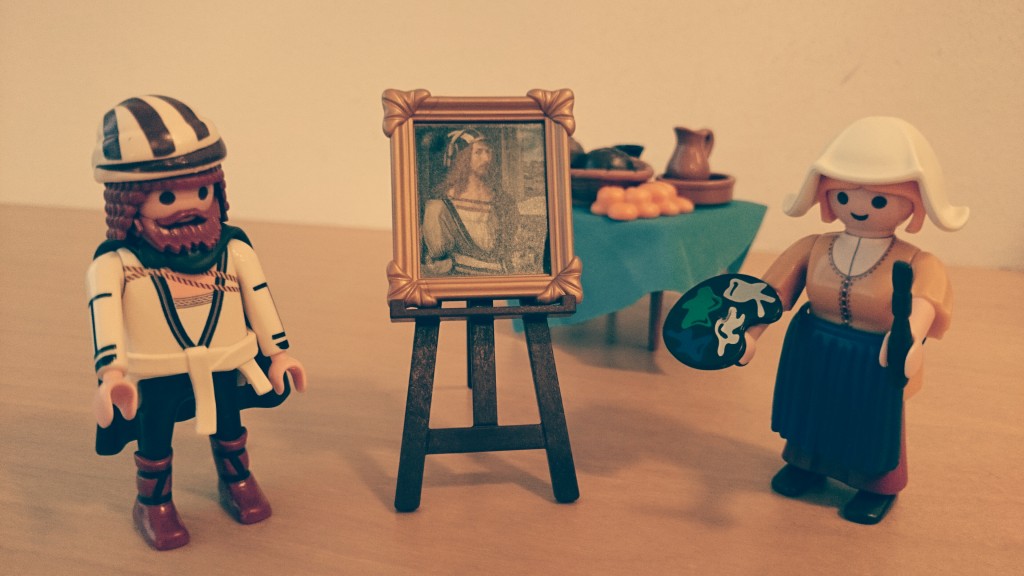 Playmobil figurer fra Museo del Prado og Rijksmuseum, baseret på malerier af Dürer og Vermeer.